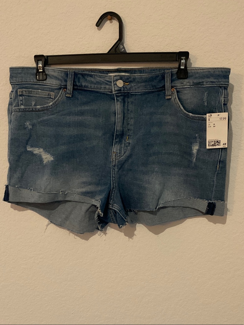 H&M Medium Blue Distressed Roll-Hem Denim Shorts